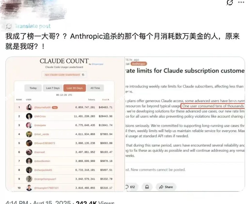 月烧 35 万元 token 、逼得 Claude 官方连夜限速！被全网吐槽的中国“榜一大哥”，已经靠 AI 年入千万了