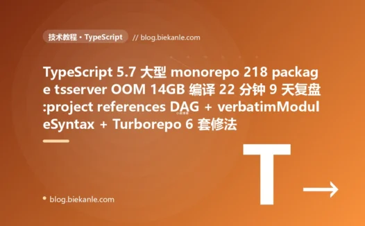 TypeScript 5.7 大型 monorepo 218 package tsserver OOM 14GB + tsc 编译 22 分钟 + CI 超时 41% 9 天复盘:project references DAG 重构 + verbatimModuleSyntax + skipLibCheck + disable*** 三件套 + Turborepo remote cache 6 套修法 + 13 条大型 TS monorepo 工程纪律