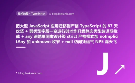 从纯 JavaScript 弱类型思维写一个四十多万行的大型前端应用一个值是什么类型全靠脑子记和运行时碰运气、后端某天把商品详情接口的 promotion 字段从对象悄悄改成 null 前端一处直接写 data.promotion.discount 因没有任何静态类型守护一路潜伏到线上、大促当天某个无促销商品被打开时取到 null.discount 整个核心导购详情页白屏二十多分钟转化全没而编译期对此毫无征兆 + 项目里 any 遍地标了一堆类型却因一个 any 参数把类型错误一路带穿最终在运行时炸开类型系统形同虚设 + null 和 undefined 能赋给任意类型类型上完全看不出 user.profile.address.city 链式访问任一环为空就运行时抛 Cannot read properties of undefined 这前端最阴魂不散的崩溃全靠运行时某条数据走到才爆 + 同一个 User 结构在创建接口更新接口列表组件里手写重复定义十几遍彼此独立改一处其余全漂移漂移的类型反而给出误导性的假安全 + 盲目信任 API 响应用 as 强标类型运行时被完全擦除零校验后端一改字段脱节数据带病流入系统深处到犄角旮旯才炸 + 处理支付结果多状态用一串 if else 手判分支某天新增 refunded 状态漏补一处编译照常通过线上退款返回 undefined 悄悄走错逻辑无人察觉 + 一遇编译器报错就用 as 强转或 @ts-ignore 把红色报错强行消音真实的类型矛盾被放行从编译期看得见的报错变回运行时看不见的雷 + 订单状态用裸魔法字符串到处写把 shipped 敲成 shippd 编译器毫不知情那段逻辑永远走不到成隐形 bug → 2026 现代严格 TypeScript 全量迁移让类型错误在编译期就被拦下 + 开启 strict 严格模式用 noImplicitAny 堵死隐式 any 外部数据一律 unknown 加收窄 + 开启 strictNullChecks 把可空写进类型用可选链 ?. 和空值合并 ?? 逼你安全处理空值 + 用工具类型 Partial Omit Pick 从单一 User 源头派生所有变体改一处全自动同步杜绝漂移 + 在所有外部边界用 zod 做运行时校验并用 z.infer 让类型与校验同出一源非经验证不得入内 + 用可辨识联合加 never 穷尽检查让漏一个分支编译期就报错 + 用 typeof instanceof in 和类型谓词这样的类型守卫真实检查正确收窄取代 as 强转 + 用 as const 加字面量联合类型把取值集合纳入编译期管控敲错即报错 87 天战役复盘:47 套工程修法 + 7 个 P0 复盘 + 6 条工程哲学